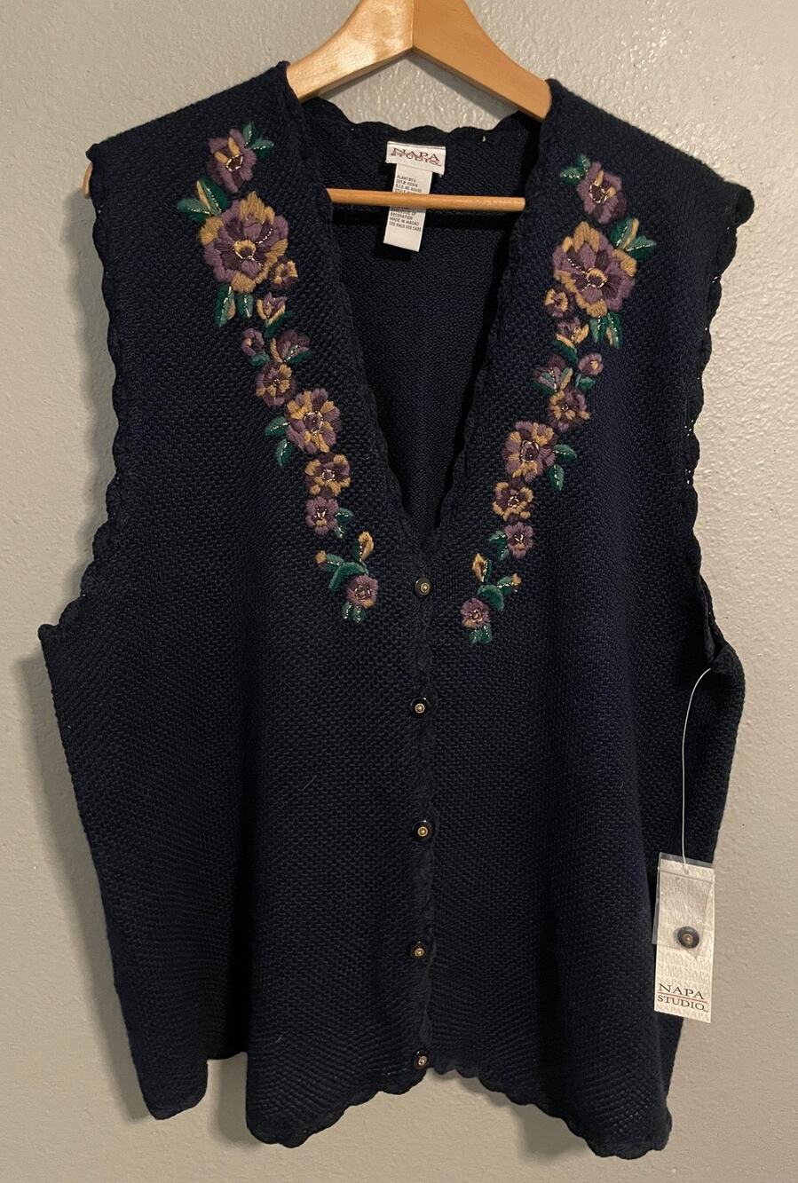 Vintage Napa Studio Sweater Vest Womens 1X Navy Floral Embroidered Y2K Deadstock